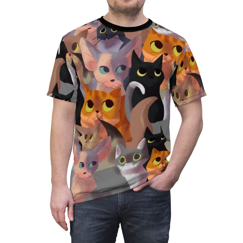 Stylish all-over print t-shirt featuring a vibrant, whimsical cat pattern design - men front