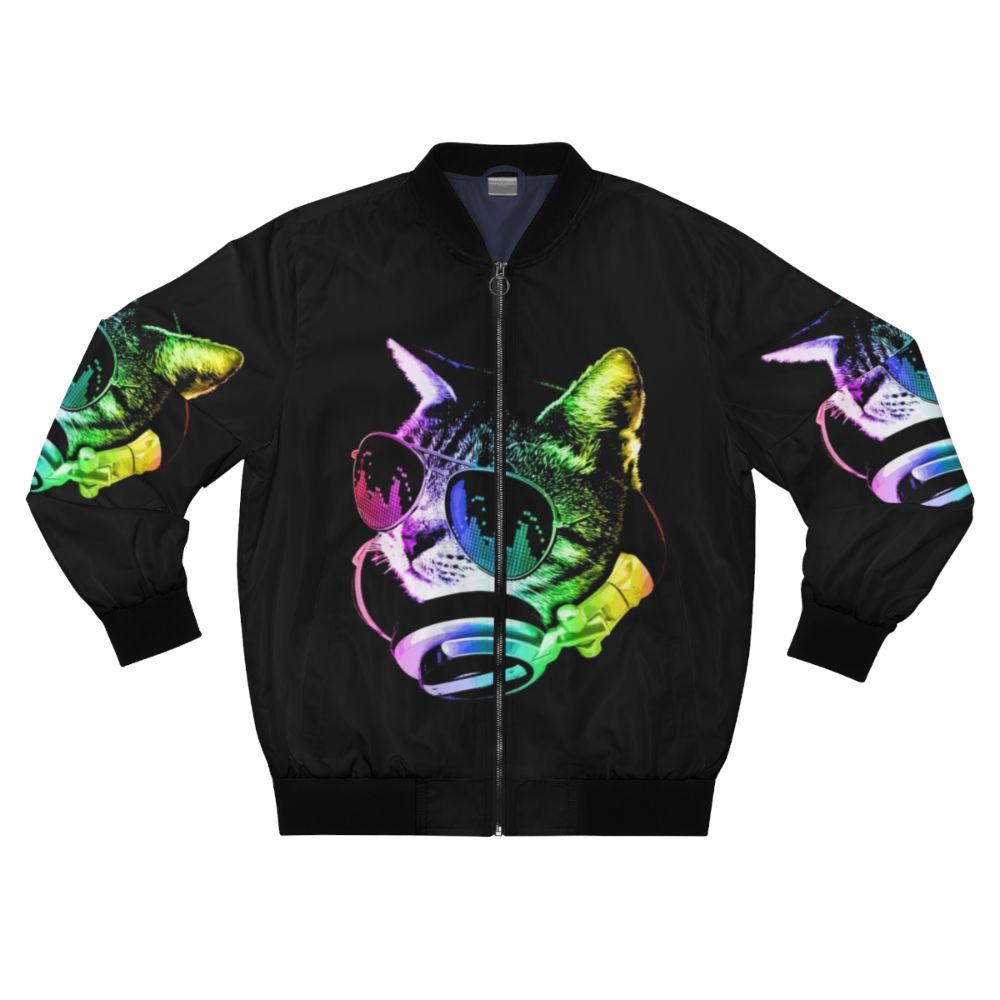 A bomber jacket with a graphic of a colorful, music-loving cat wearing headphones.