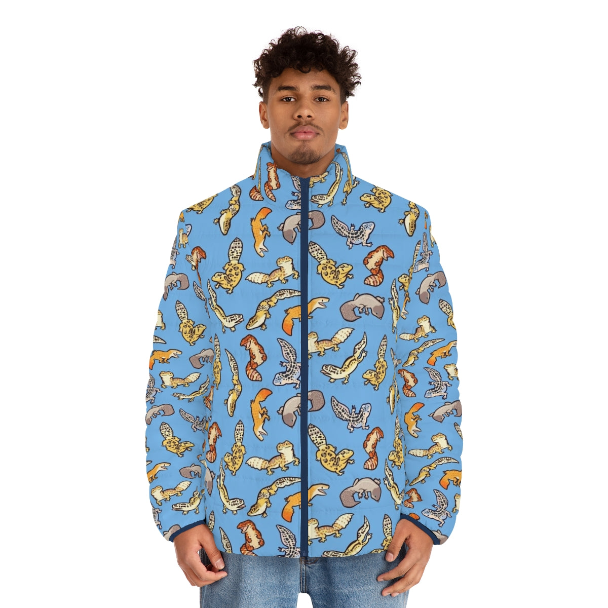 Chub gecko wearing a blue puffer jacket with a vibrant pattern - men front