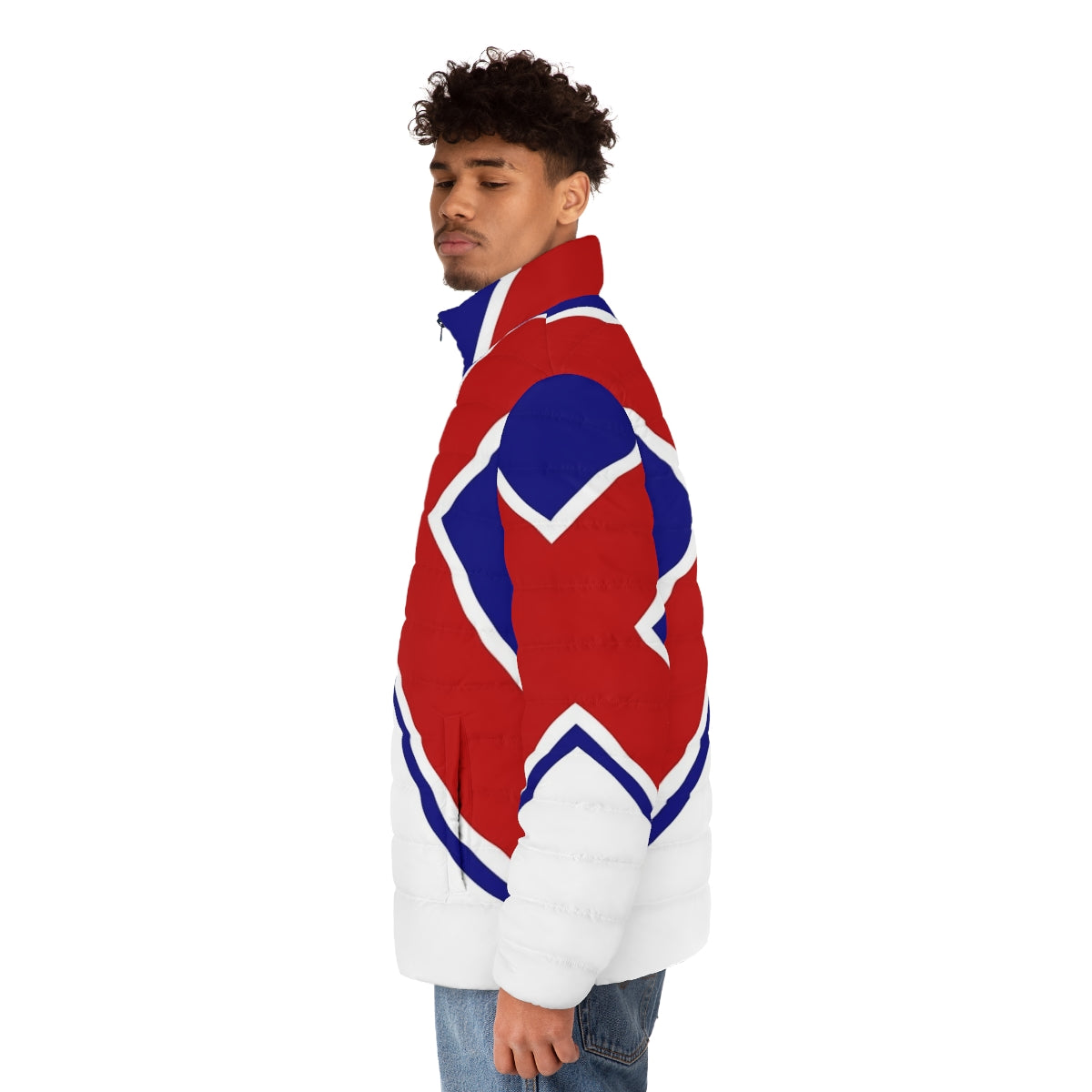 Union Cross Puffer Jacket featuring British superhero Captain Britain from Marvel Comics - men side left