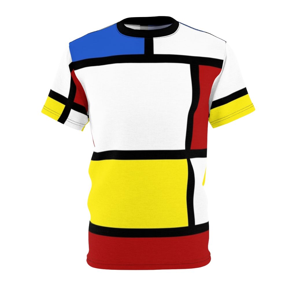 A white t-shirt with a bold box pattern in red and yellow, inspired by 1960s mod fashion.