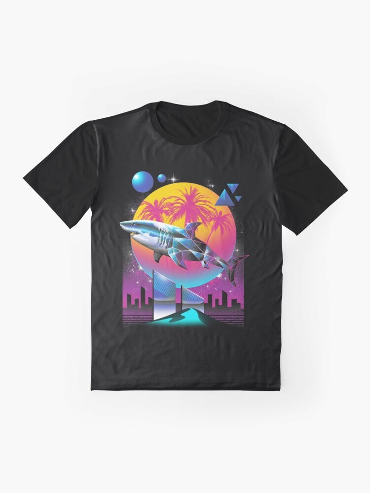 Rad shark graphic design on a black t-shirt with neon colors - Flat lay