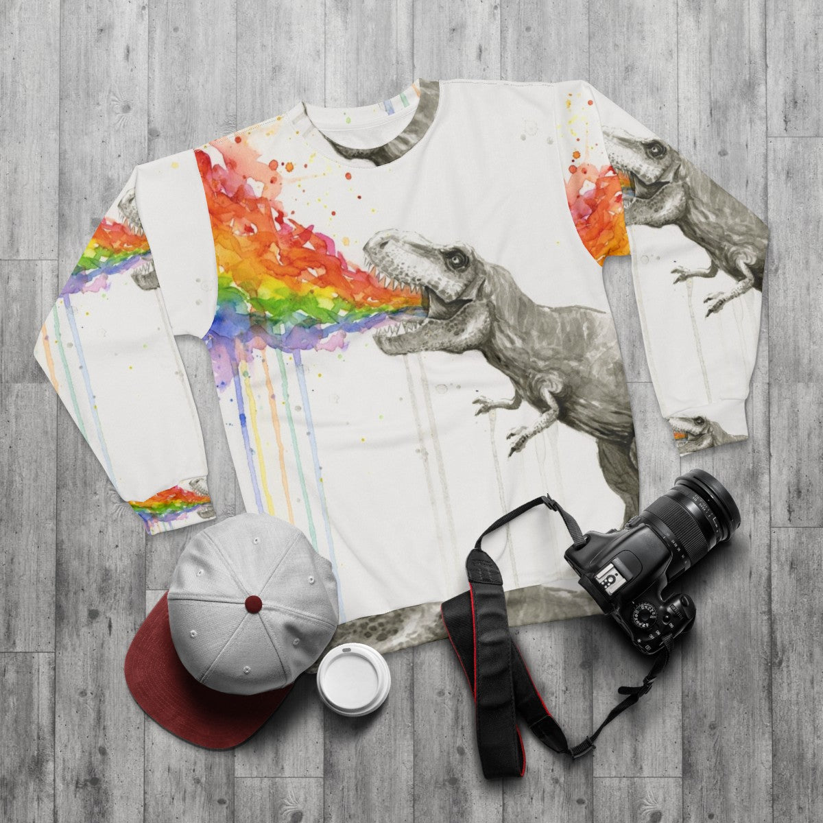 Colorful T-Rex Rainbow 'Puke' Sweatshirt - flat lay