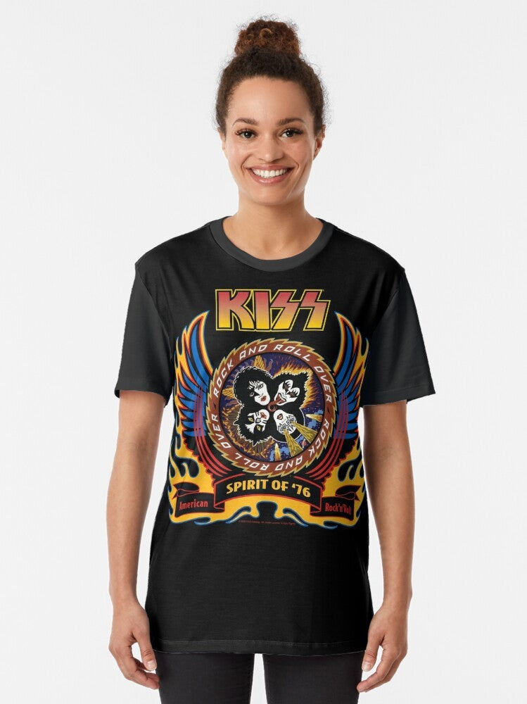 KISS 70s Graphic T-Shirt with Spirit of '76 Design Featuring Flames, Wings, and Band Members - Women