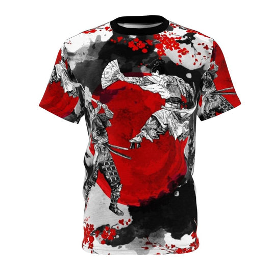 Stylized t-shirt design featuring a samurai warrior with traditional Japanese elements like katana sword, armor, and brushstrokes.