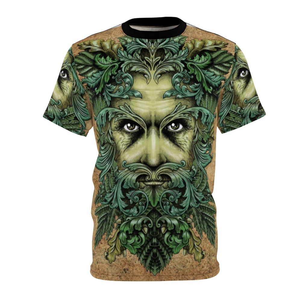 Artistic t-shirt featuring a green man design with ornate, fantasy-inspired scrollwork and leaves