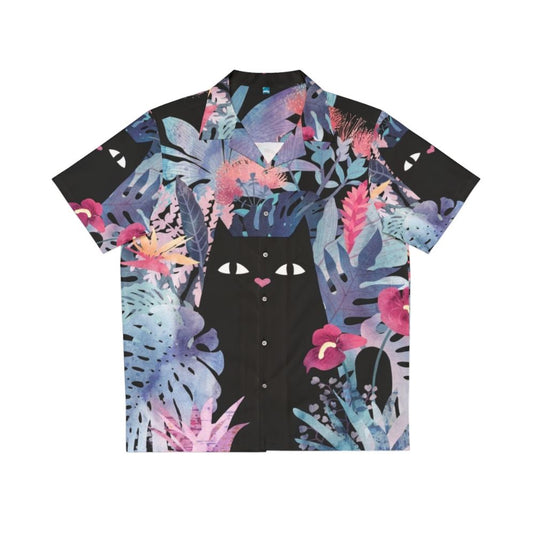 Popoki pastel black velvet Hawaiian shirt with tropical floral and cat motifs