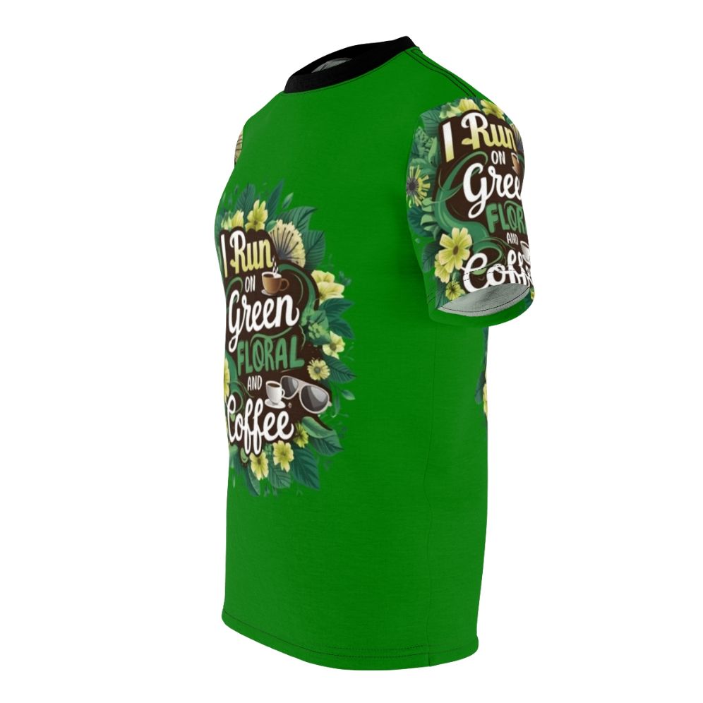 An all-over print t-shirt featuring a vibrant green floral and coffee design. - men left