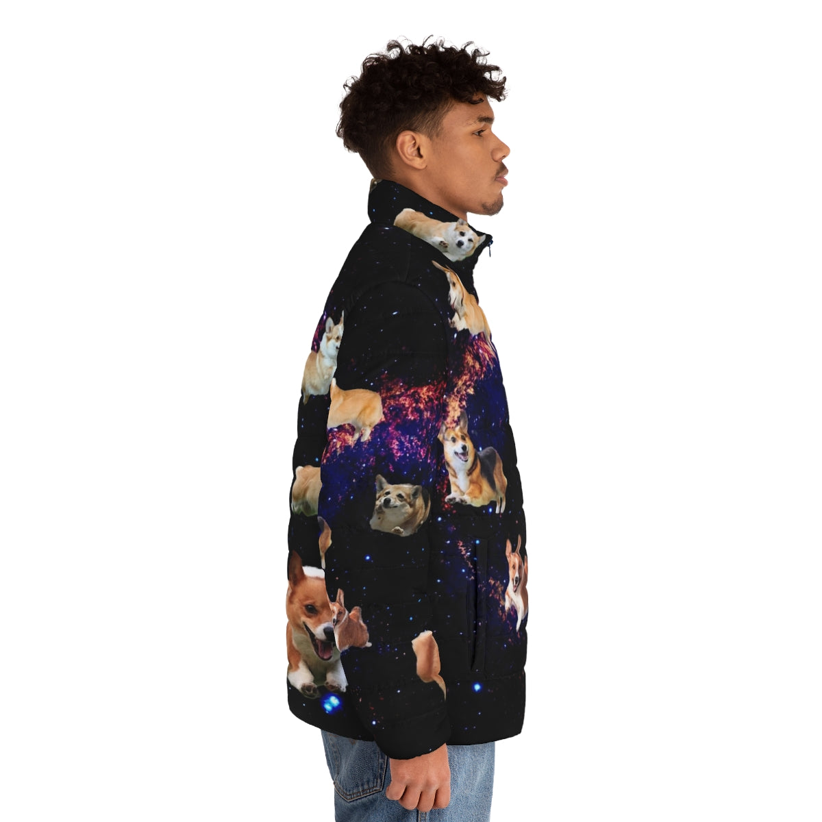 A colorful puffer jacket featuring a cute corgi in an outer space, cosmic design. - men side right