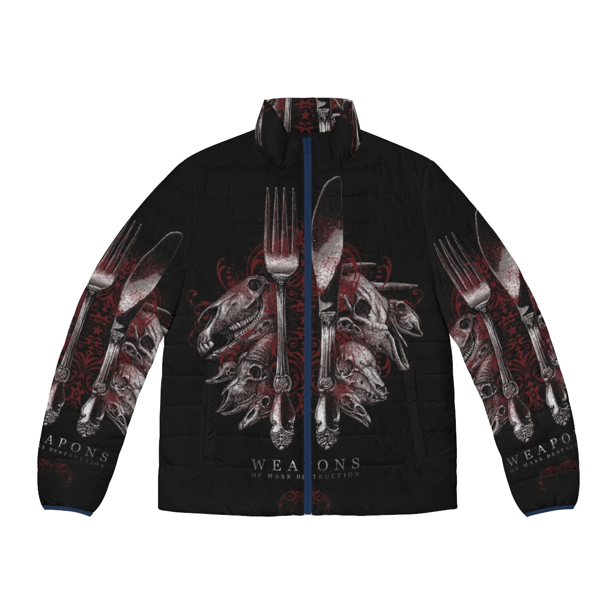 Puffer jacket with weapons and skull design, focus keyword: puffer jacket