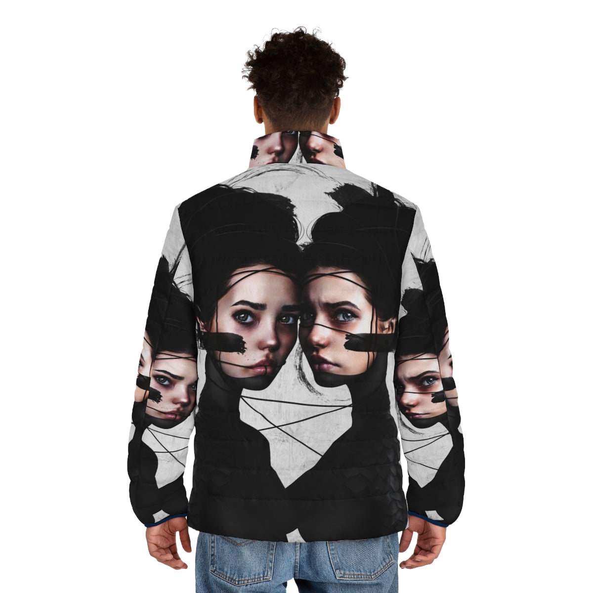 Gemini puffer jacket with portrait, realism, and pop surrealism design - men back