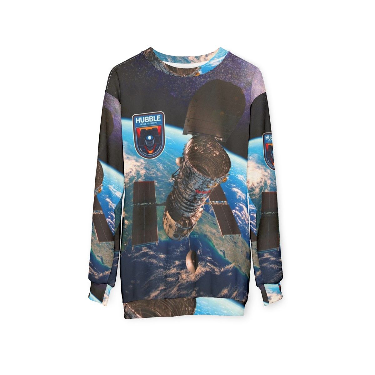 Hubble Space Telescope Sweatshirt with Galaxy Design - hanging