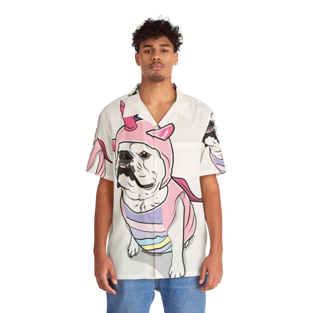 Tropical Bulldog Hawaiian Shirt featuring a cute unicorn design - People Front