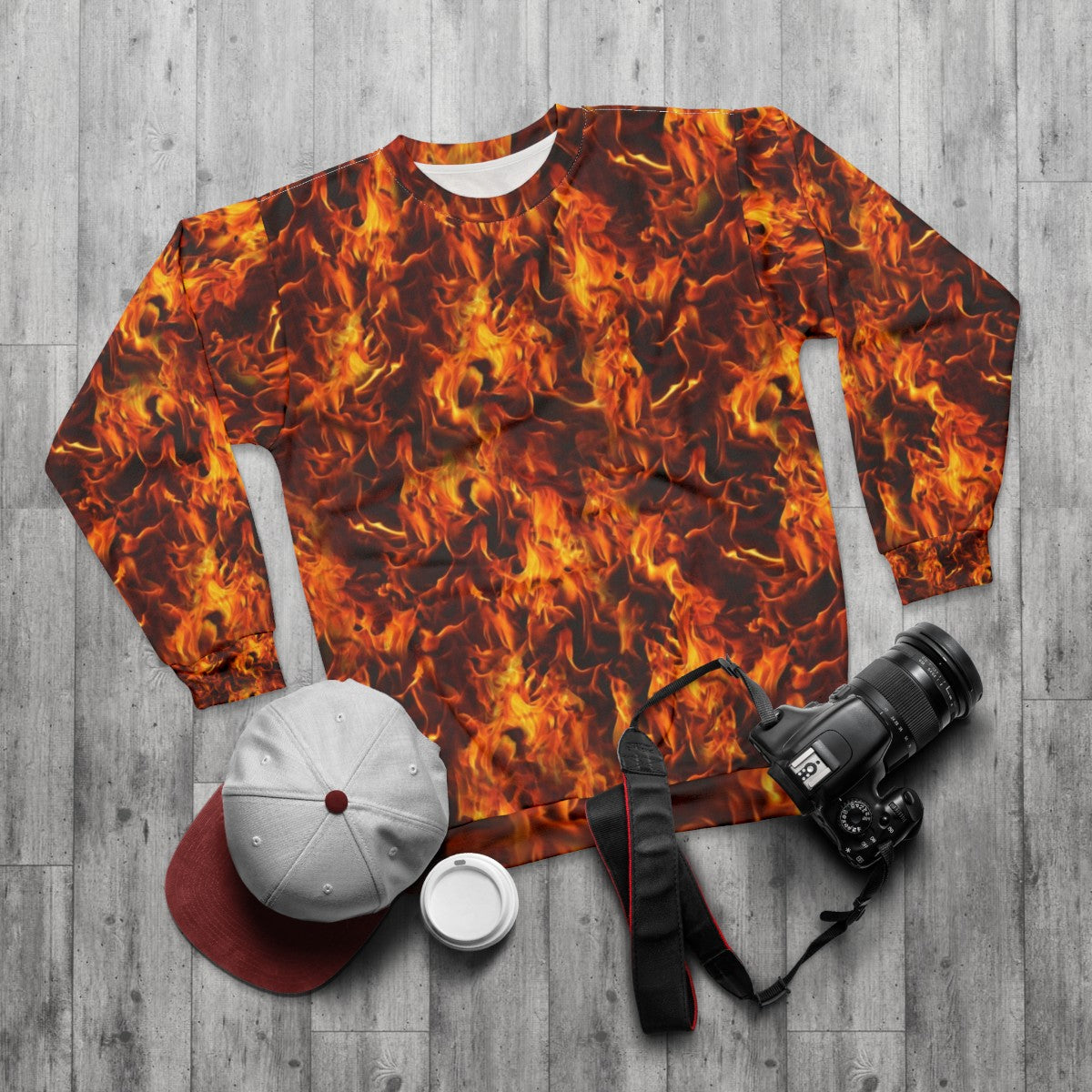 Fiery pattern sweatshirt with flames design - flat lay