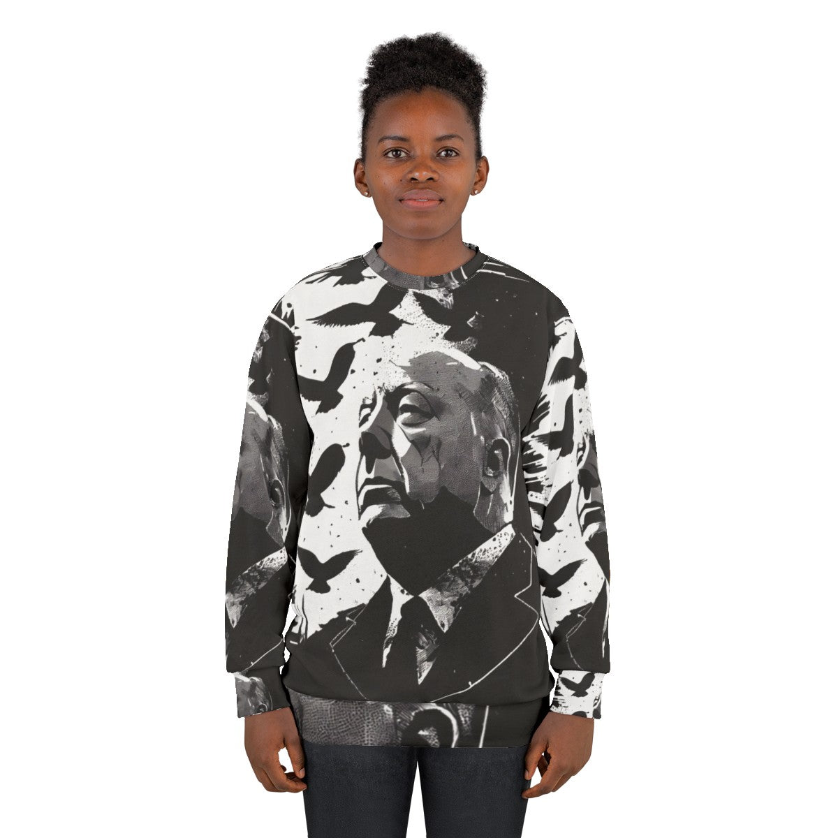 Alfred Hitchcock portrait sweatshirt with "The Birds" film reference - women