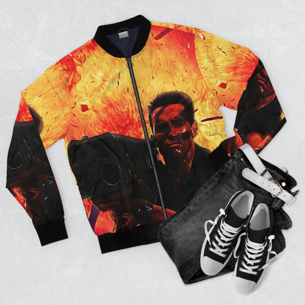 Arnold Schwarzenegger-inspired Commando Matrix bomber jacket with retro action design - Flat lay