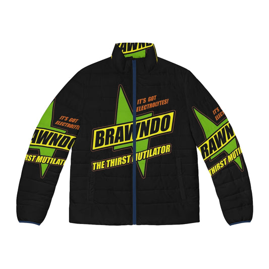 Brawndo Puffer Jacket featuring Dustbrain Design inspired by the comedy movie Idiocracy