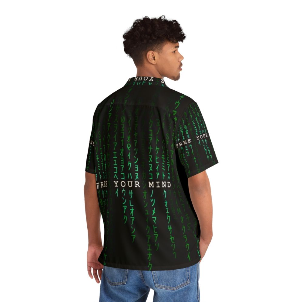 The Matrix "Free Your Mind" Hawaiian button-up shirt with digital rain pattern - People Back