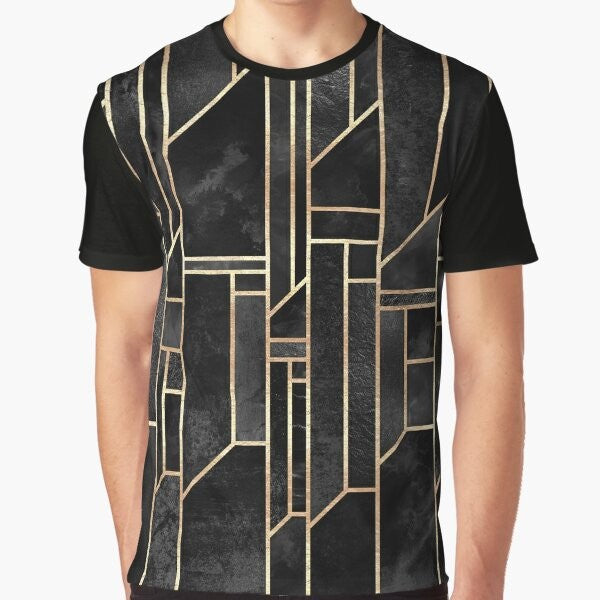 Black graphic t-shirt with abstract geometric pattern in gold and dark colors