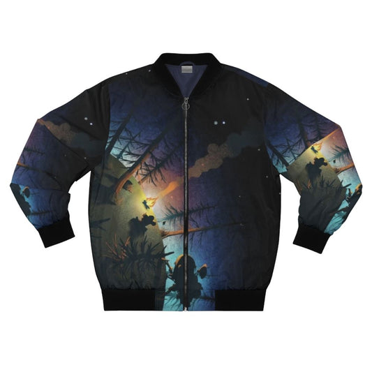 Outer Wilds inspired bomber jacket with space and exploration design