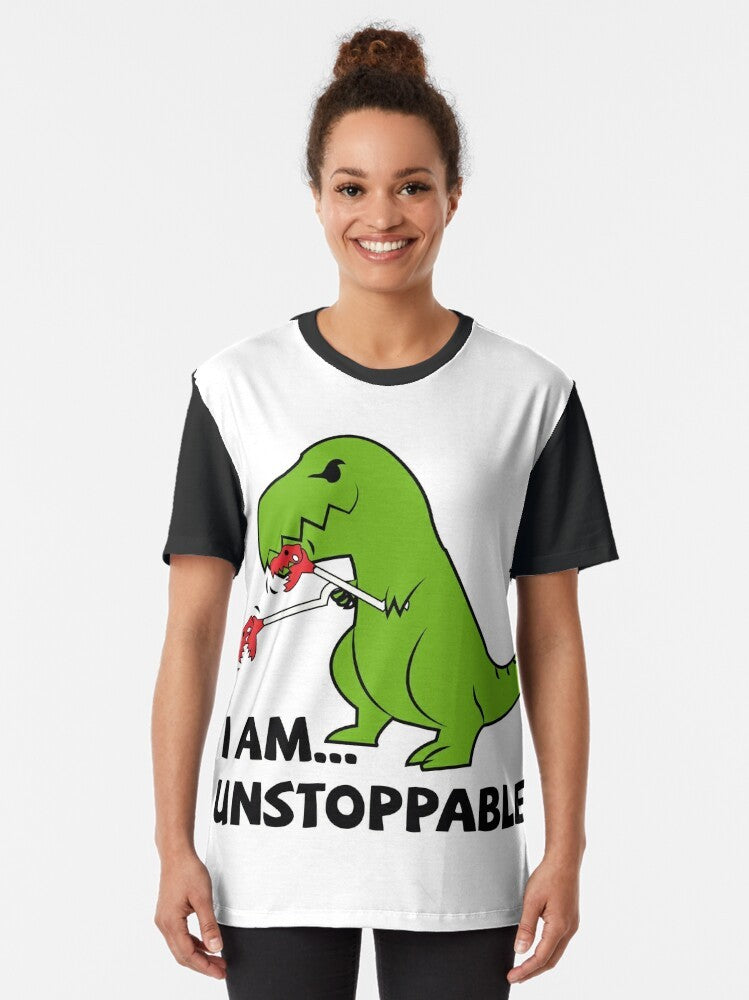 Unstoppable T-Rex Graphic T-Shirt, featuring a dinosaur design with the text "I am unstoppable" - Women