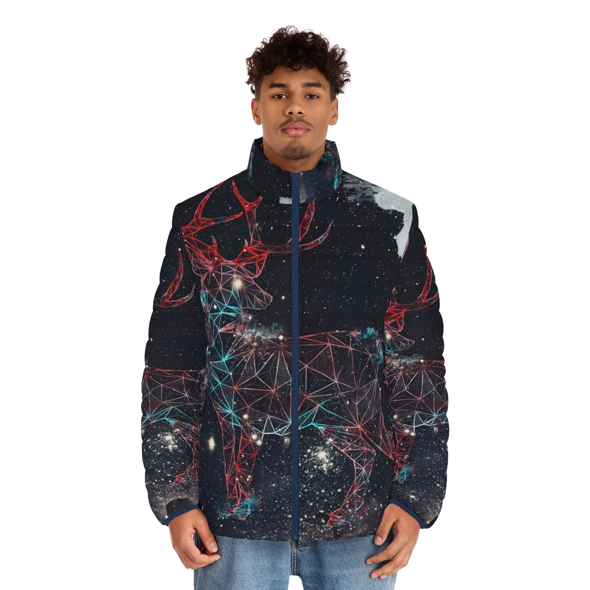 Celestial deer puffer jacket with graphic galaxy and star design - men front