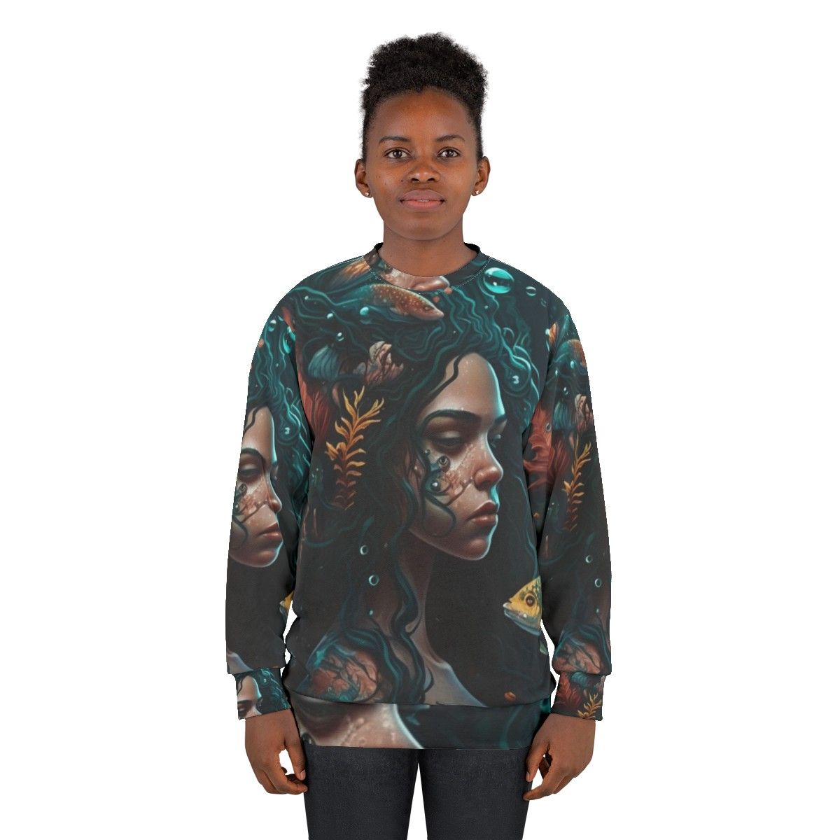 Whimsical sweatshirt featuring mythical sea creatures and fantasy beasts - women