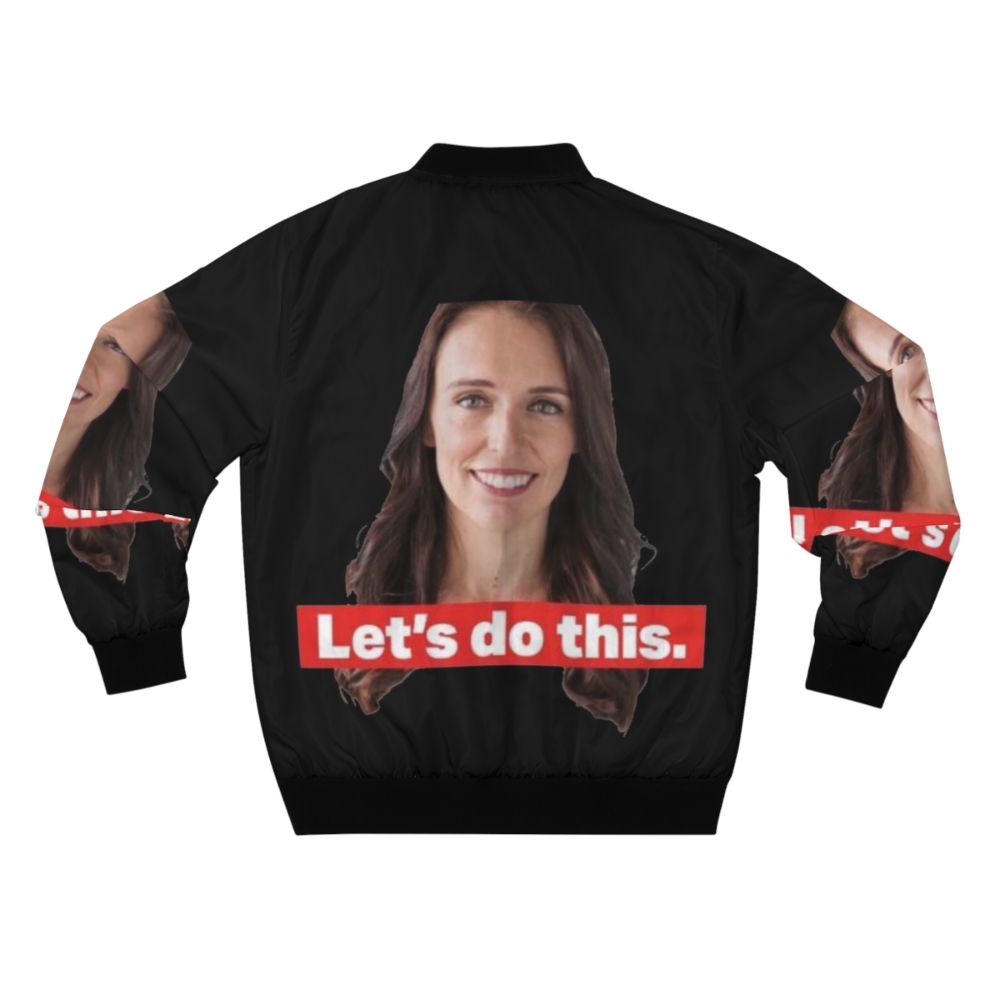 Jacinda Ardern, the Prime Minister of New Zealand, wearing a bomber jacket - Back