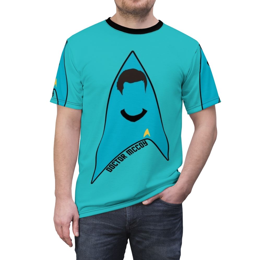 Vintage-style AOP T-shirt featuring Dr. Leonard McCoy from the original Star Trek series - men front