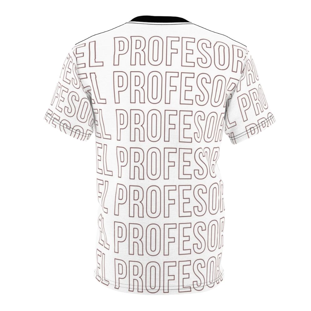 Money Heist inspired t-shirt with lettering design featuring El Profesor character - Back