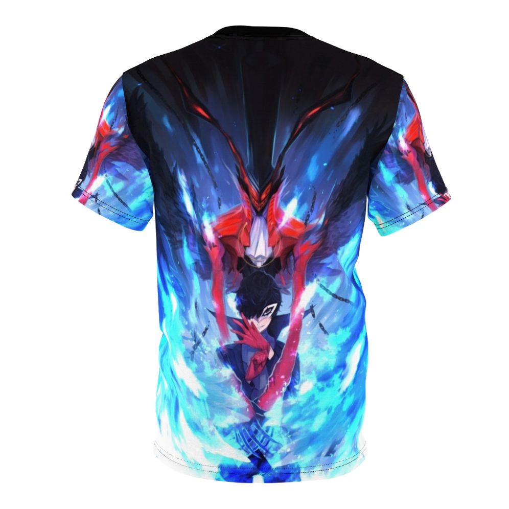 A high-quality t-shirt featuring a stylized graphic of the Persona 5 character Joker, with fiery and demonic elements. - Back