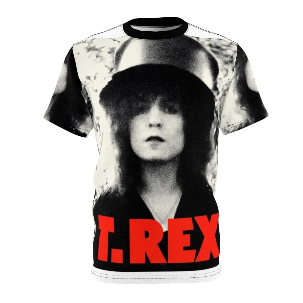 Vibrant AOP t-shirt featuring a stylized T-Rex design, perfect for fans of the glam rock era and the music of Marc Bolan.