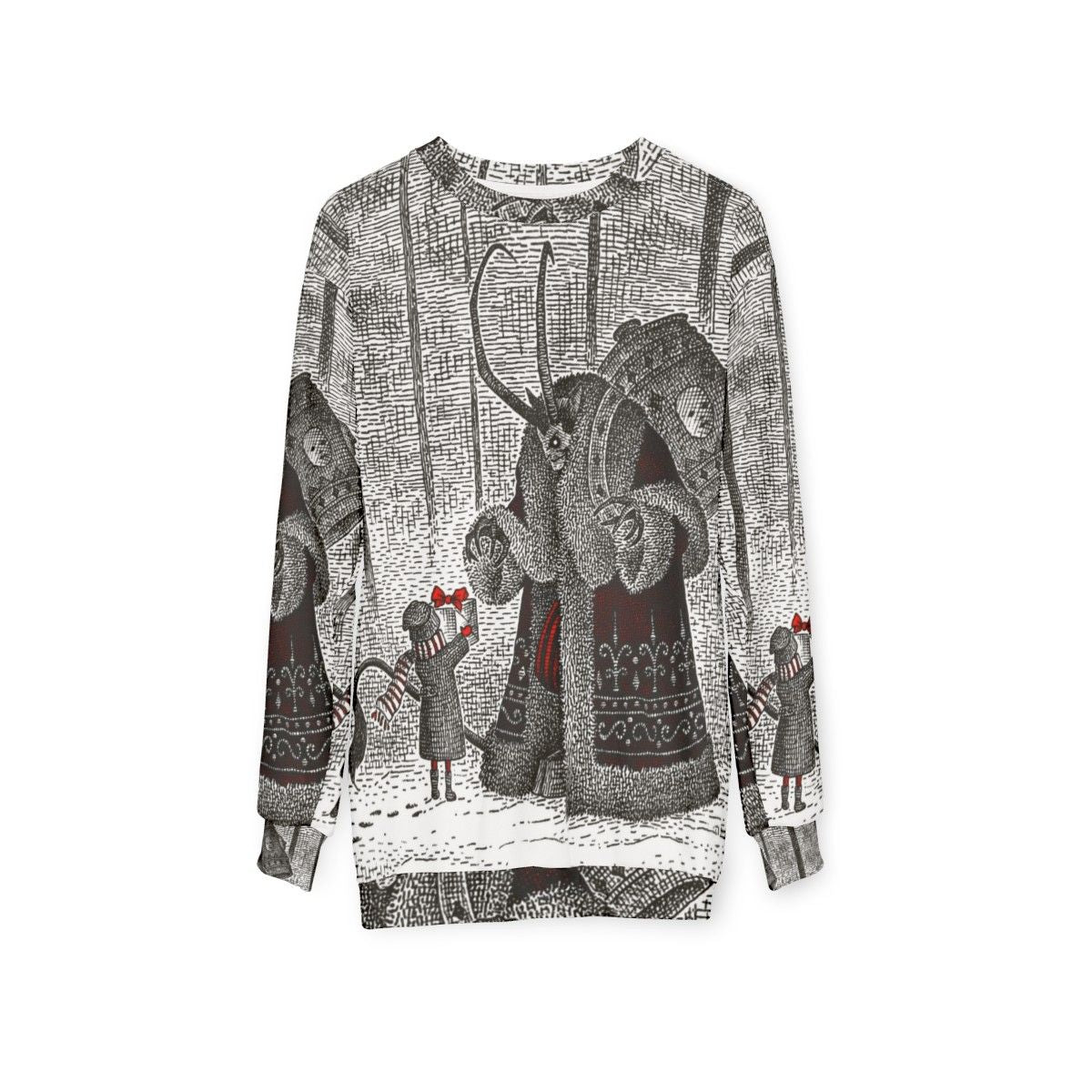 Vintage Krampus Sweatshirt featuring a mythical horror holiday character - hanging