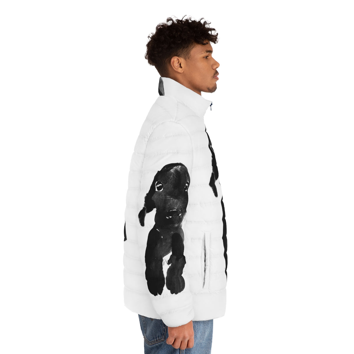 Black dog wearing a warm and cozy puffer jacket - men side right