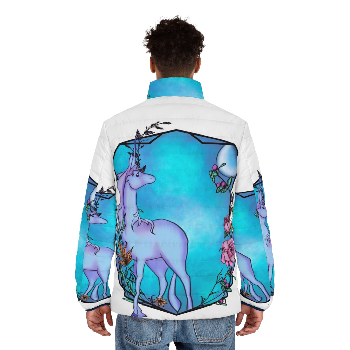 Whimsical watercolor unicorn design on a cozy puffer jacket - men back