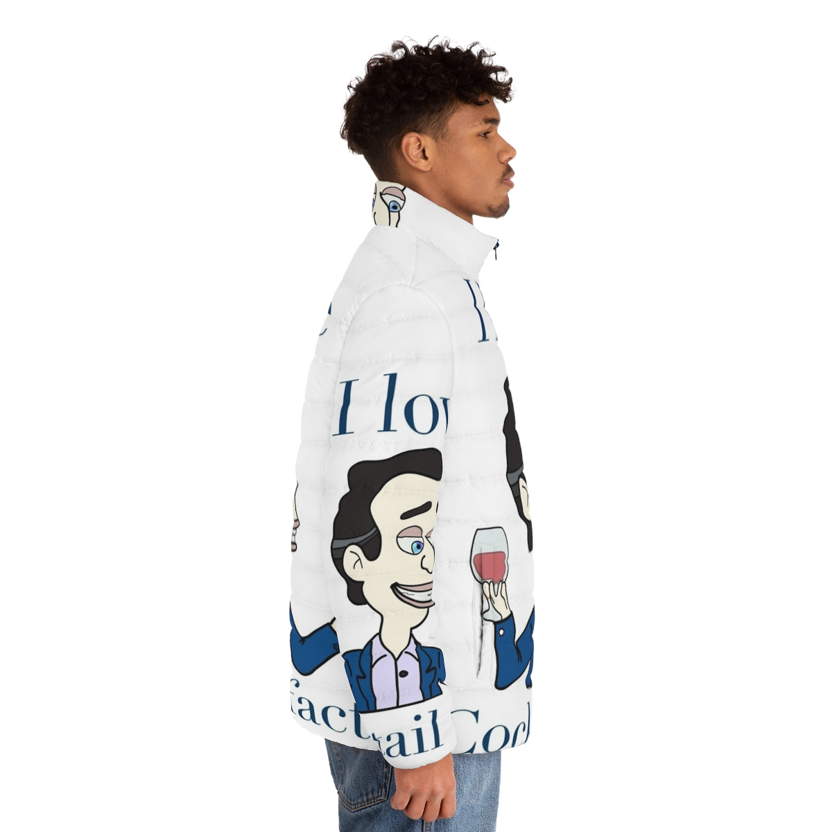 Big Mouth Cocktail Facts Puffer Jacket featuring a cozy and trendy design - men side right