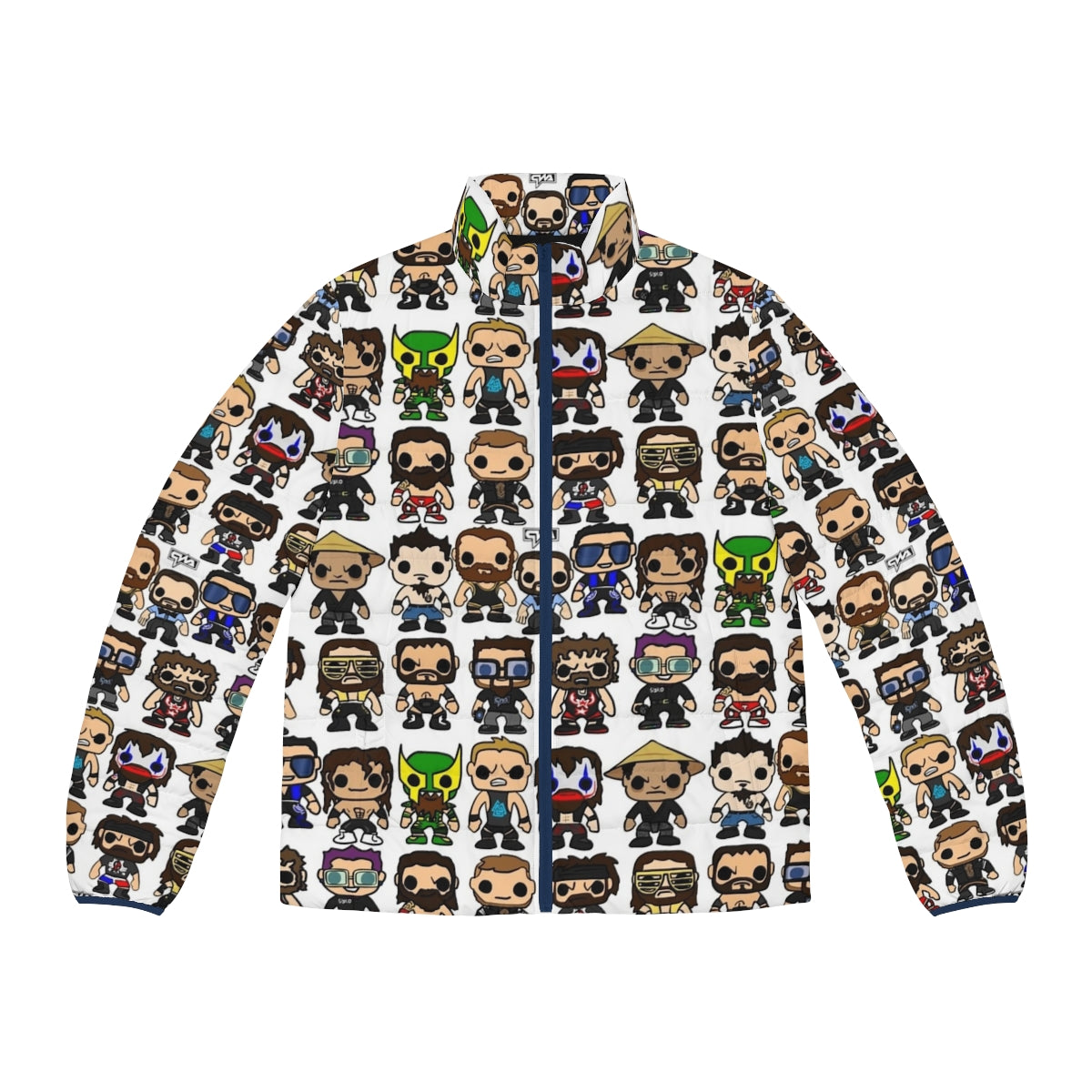 Qwa Vinyl Pop Art Puffer Jacket featuring a wrestling character figure