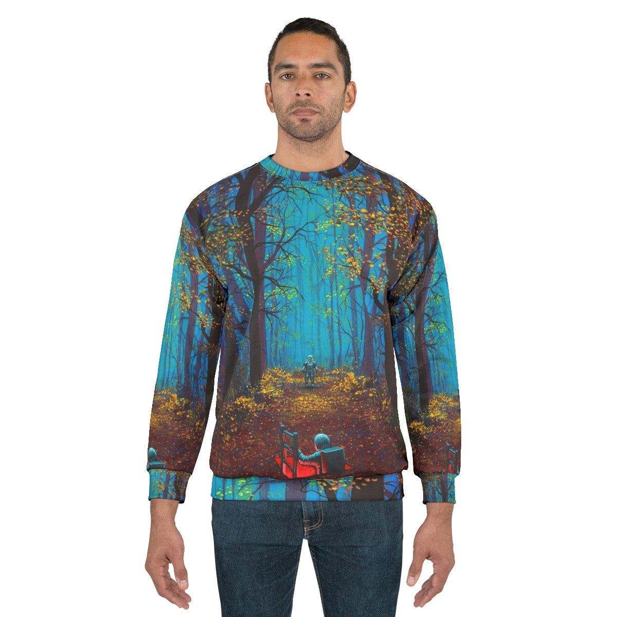 "There You Are" space-themed sweatshirt with astronaut and surreal nature imagery - men