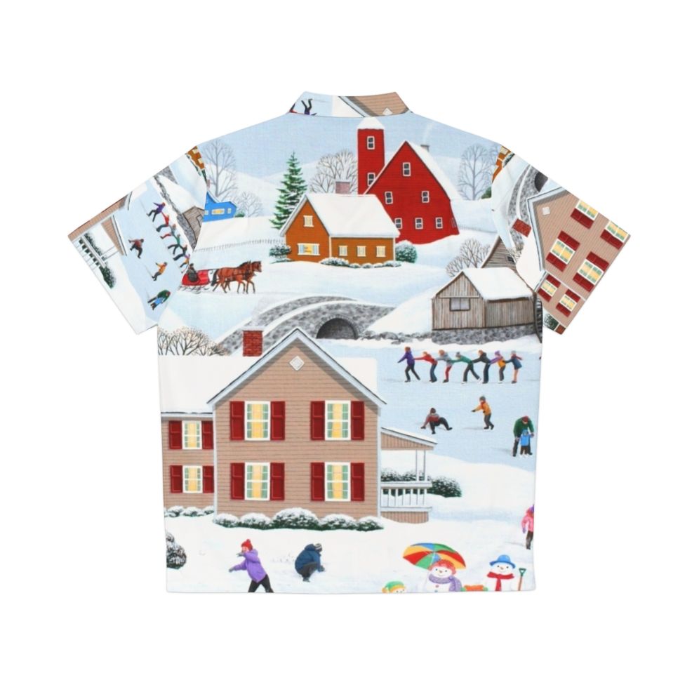 Festive winter Hawaiian shirt with snow, snowman, and ice skating elements - Back