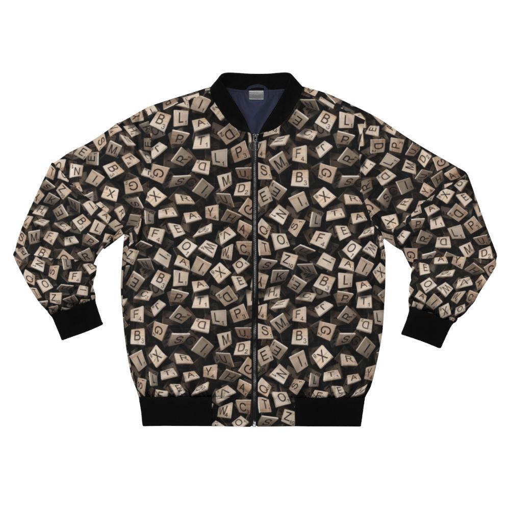 Scrabble Tile Bomber Jacket with Alphabet Pattern for Wordsmith Fans