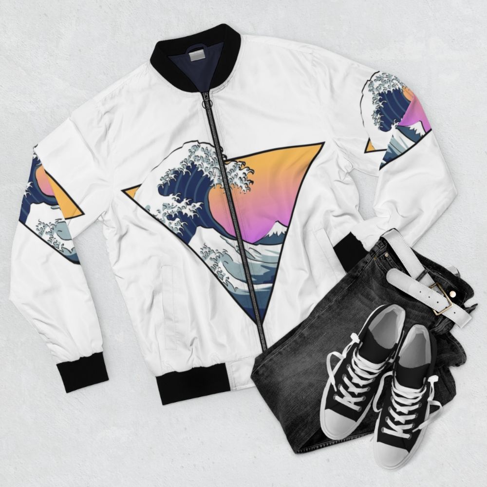 Aesthetic bomber jacket featuring the classic "Great Wave off Kanagawa" design by Japanese artist Hokusai - Flat lay