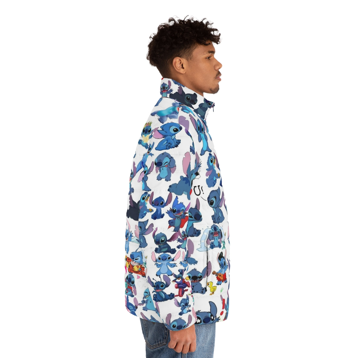 Stitch puffer jacket, blue puffer jacket with Stitch character design - men side right