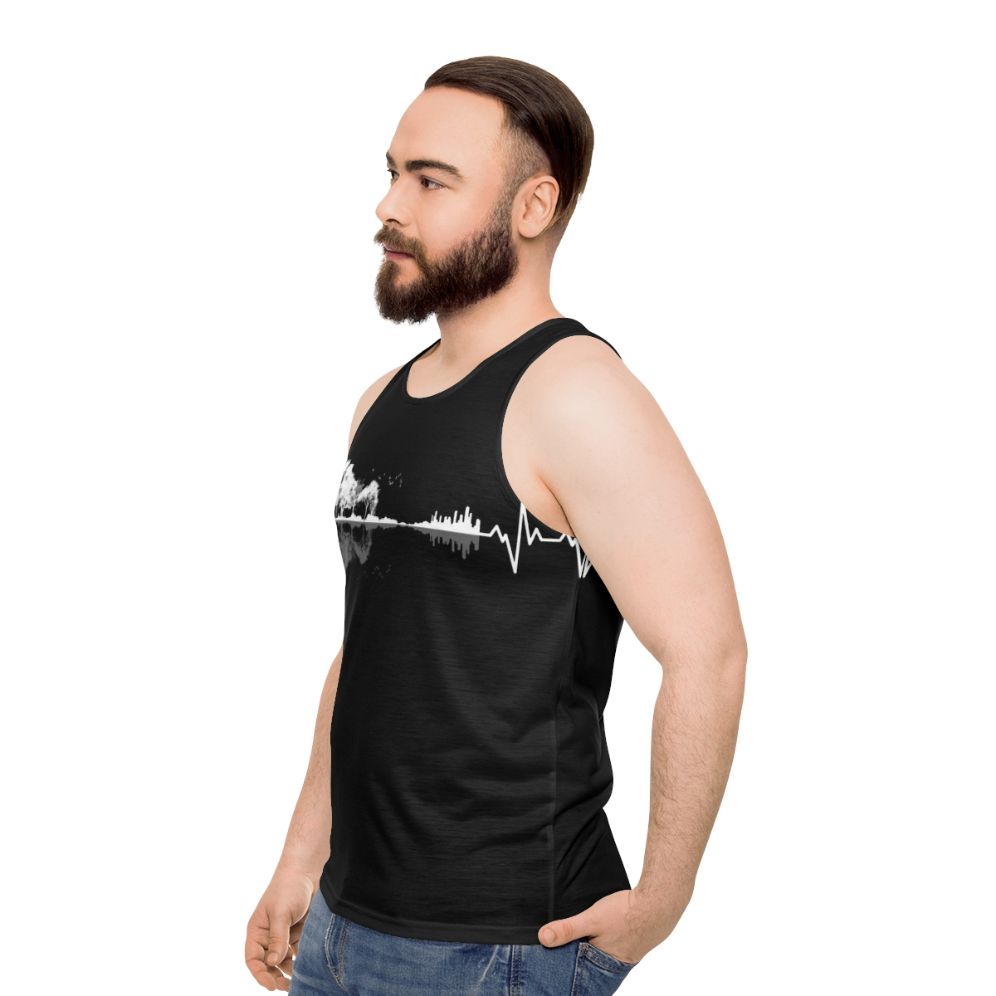 Unisex tank top with minimalist design featuring nature and music motifs - men side