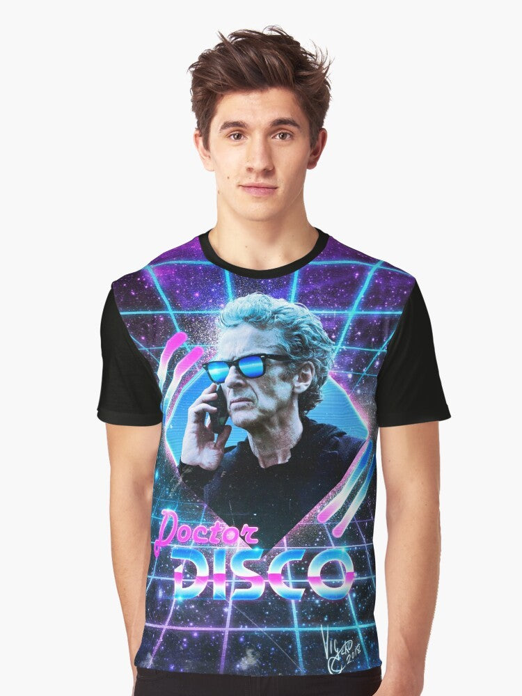 Retro "Doctor DISCO" graphic t-shirt featuring the image of the Twelfth Doctor, Peter Capaldi, in a vibrant, 80s-inspired neon style. - Men