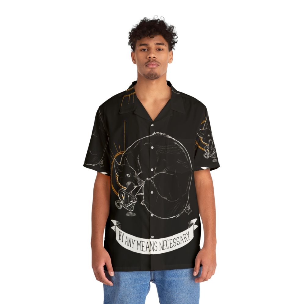 Coyote print Hawaiian shirt with "Trash Blessings By Any Means Necessary" design - People Front