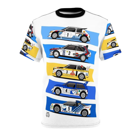 Vintage 1980s Group B rally inspired t-shirt design featuring classic rally cars and motorsport icons