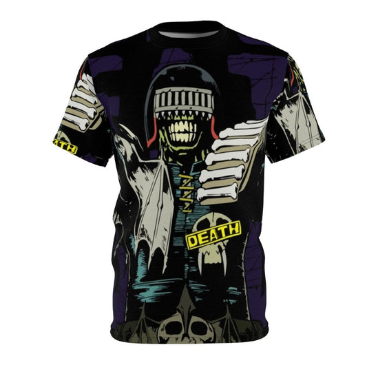 Stylized graphic design of Judge Death, a villain from the Judge Dredd comics, on a high-quality t-shirt.