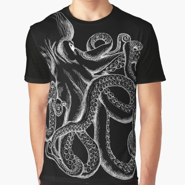 Octopus line art design on a white graphic t-shirt