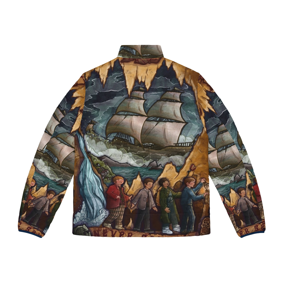 Goonies-inspired puffer jacket with retro 80s movie graphics - Back