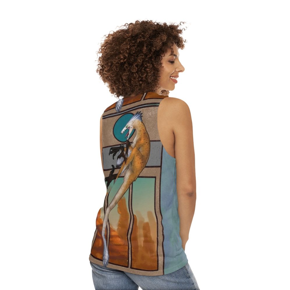 Feathered velociraptor dinosaur unisex tank top - women back